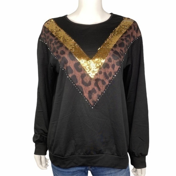 NEW Lovey’s Boutique Black Leopard Sequin Top Size M - Picture 2 of 5